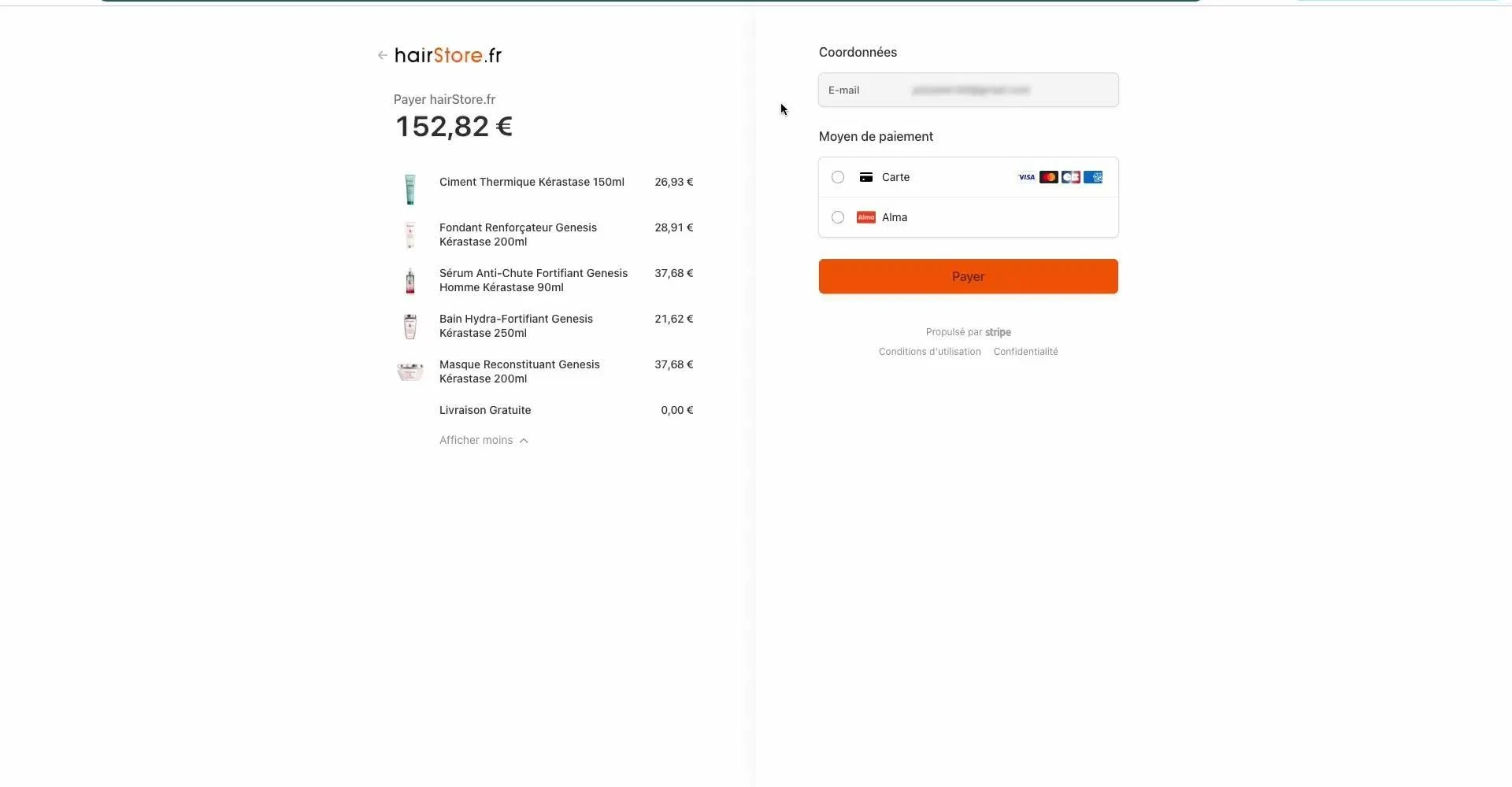 Checkout Stripe de HairStore connecté à BigCommerce par Reggao