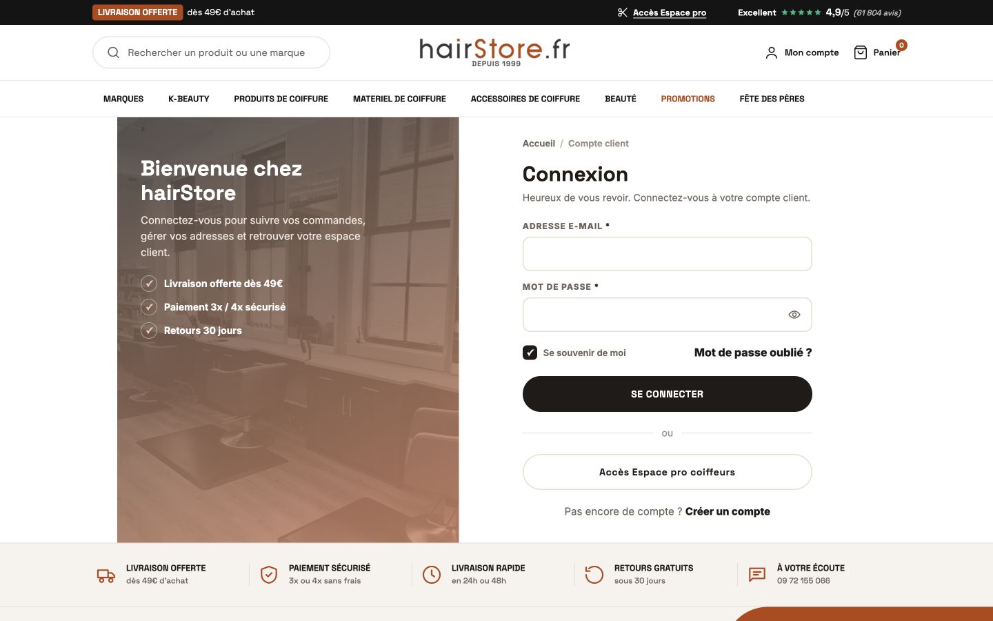 Écran de connexion de l’espace client headless HairStore