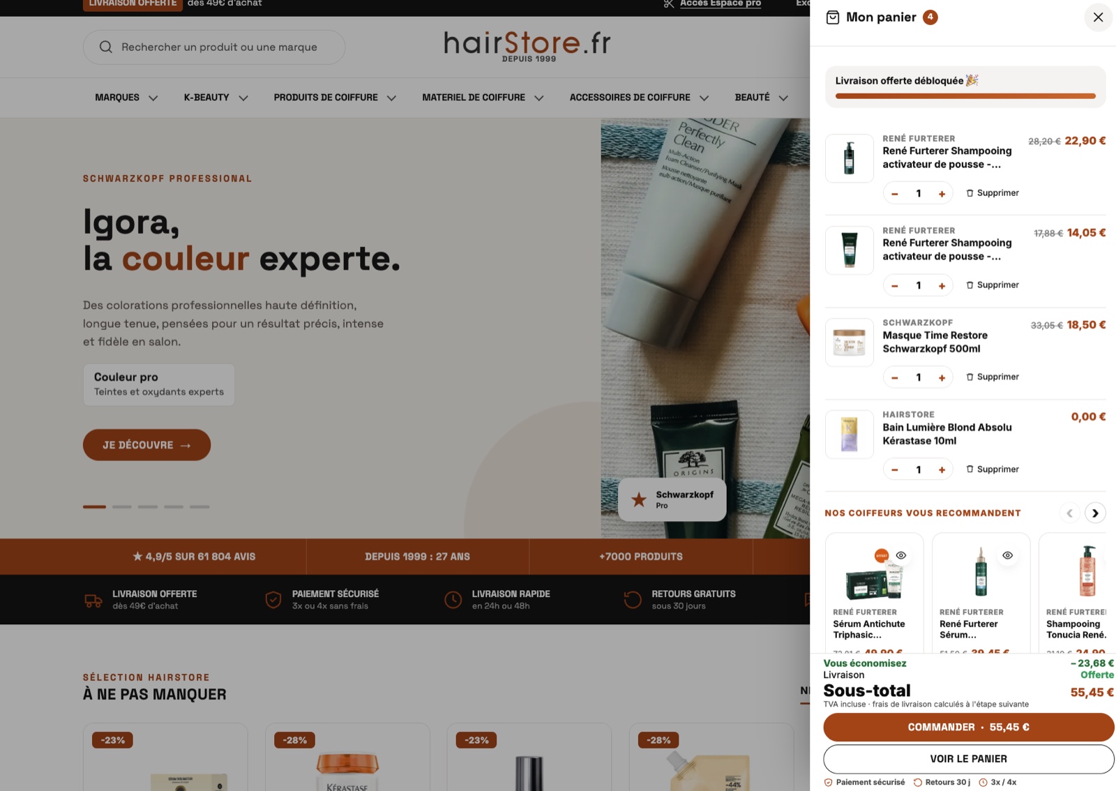 Panier latéral du storefront headless HairStore avec quatre produits et recommandations