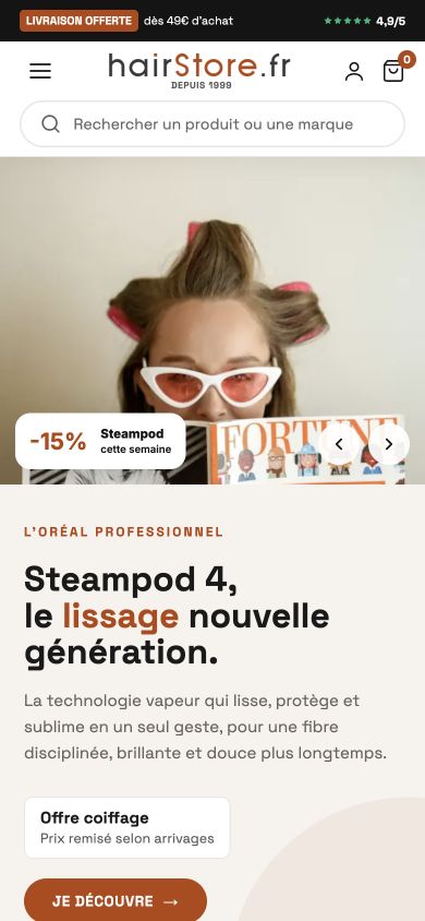 Page d’accueil mobile du storefront headless HairStore