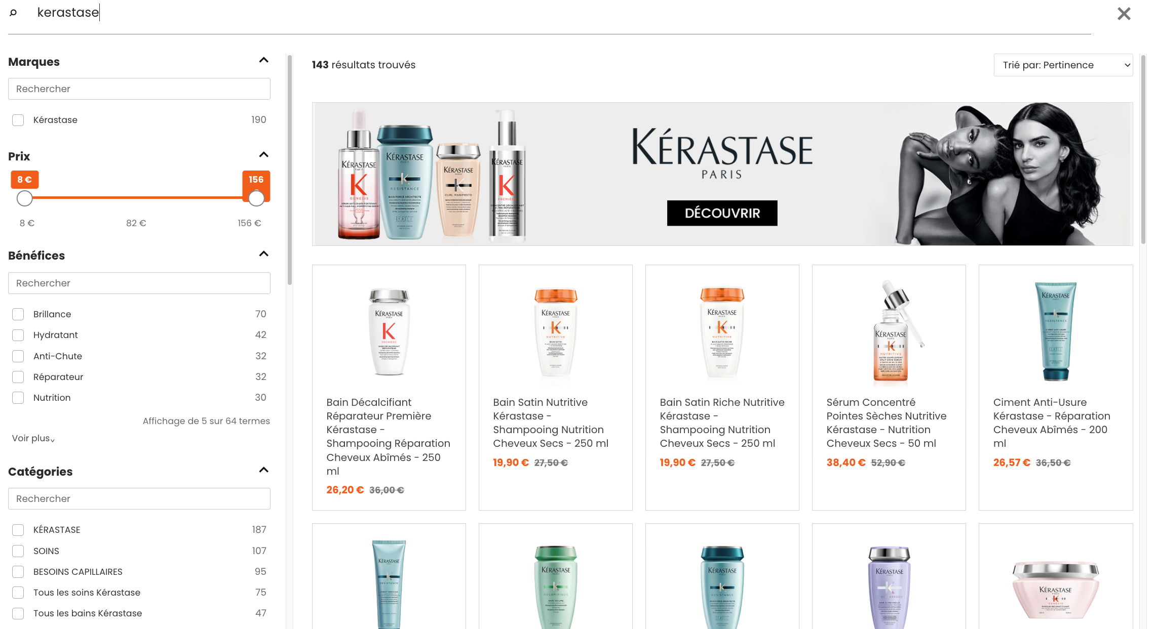 Résultats de recherche HairStore avec facettes, produits et bannières de marque dans le moteur Reggao Search
