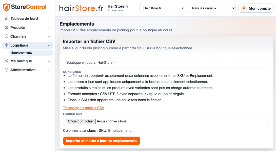 Interface StoreControl d’import CSV des emplacements de picking pour HairStore